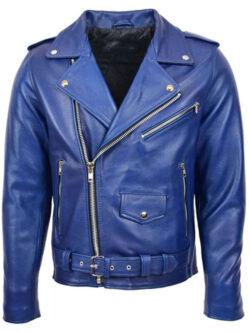 Men Brando Leather Biker Blue Jacket