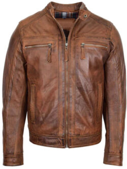 Men Brown Racer Leather Biker Jacket