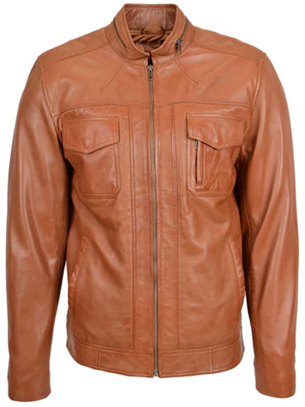 Men Casual Biker Leather Tan Jacket