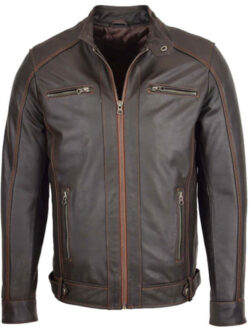 Men Leather Biker Style Zip Brown Jacket