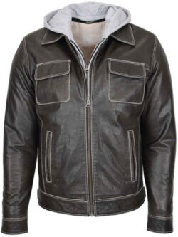 Men Leather Hoodie Grey Jacket