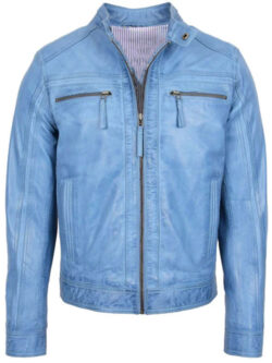 Men Leather Racer Biker Sky Blue Jacket
