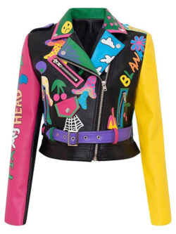 Women’s Graffiti Printed Cropped Leather Jacket