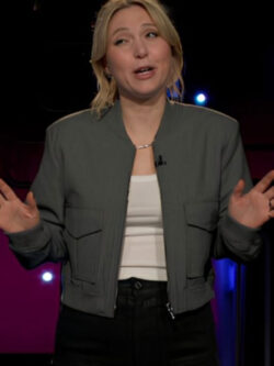 New After Midnight Taylor Tomlinson Grey Bomber Jacket