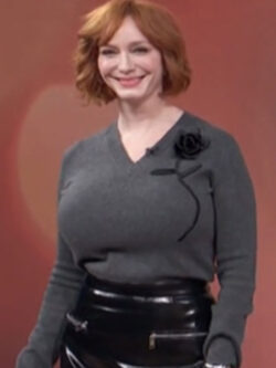 Access Daily 2025 Christina Hendricks Black Rose Grey Sweater