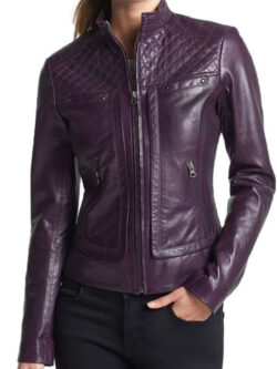 Women’s Casual Wear Quilted Design Motorcycle Purple Leather Jacket