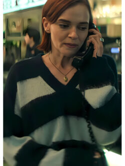 New YOU S05 Madeline Brewer Black Striped V Neck Sweater