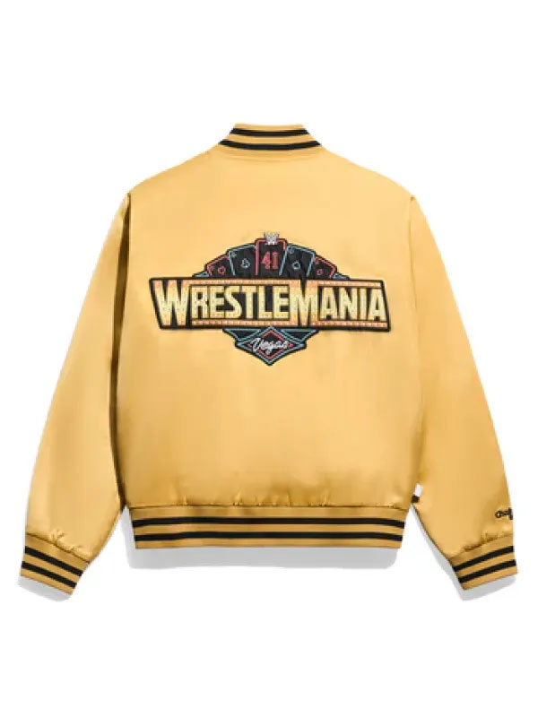 Las Vegas 2025 WWE WrestleMania 41 Gold Satin Varsity Bomber Jacket