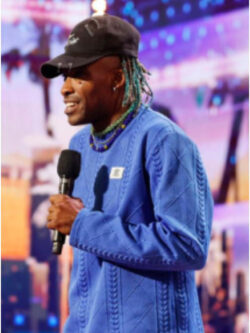 New Americas Got Talent S20 Maceo Harrison Blue Cable Knit Sweater