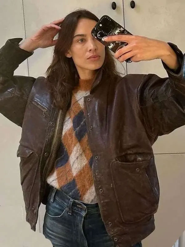 Chloe Fashion Show 2025 Alexa Chung Distressed Brown Leather Jacket