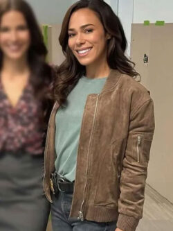 Jessica Camacho Countdown 2025 Amber Brown Suede Bomber Jacket