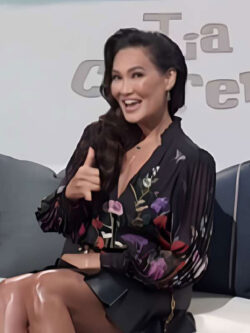 Tia Carrere Access Daily 2025 Ilan Secret Garden Black Floral Pleated Sleeve Blouse