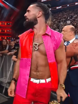 WWE Monday Night RAW 2025 Seth Rollins World Heavyweight Pink and Red Faux Leather Vest