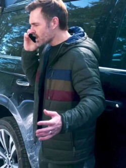 Will Forte The Four Seasons 2025 Green Striped Puffer Hooded Jacket