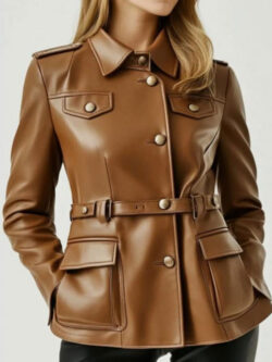 New Women Belted Brown Leather Jacket