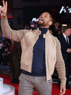 Will Smith Focus Movie Event Beige Suede Bomber Leather Jacket