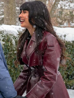 New A Merry Little Ex-Mas 2025 Jameela Jamil Burgundy Leather Coat