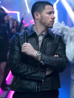 Film A Very Jonas Christmas Movie 2025 Nick Jonas Black Leather Jacket