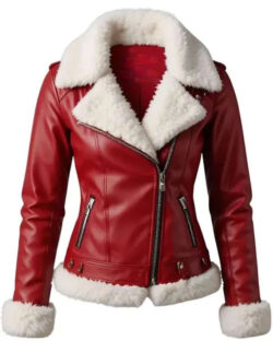 Women Red Christmas Shearling Leather Jacket New