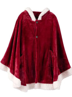 Women Red Velvet Santa Claus Hooded Christmas Poncho