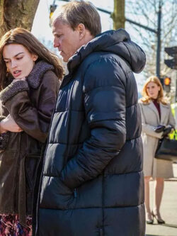 Ella McCay 2025 Woody Harrelson Black Puffer Hooded Coat