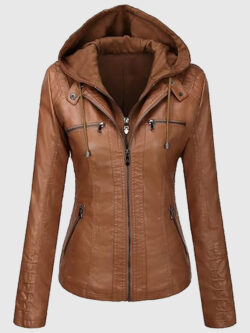 Womens Brown Leather Hooded Jacket New