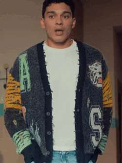New XO Kitty S03 Quincy Shabazian Distressed Printed Cardigan